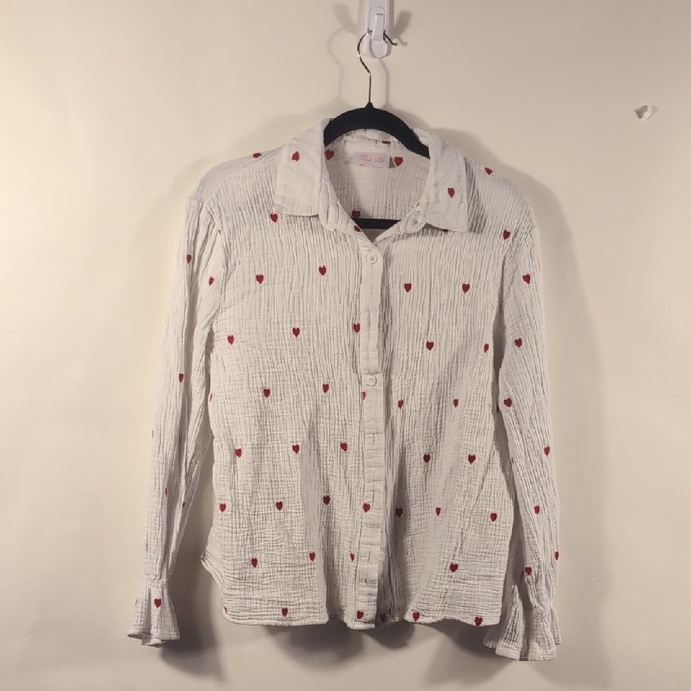 pink Lily White Button-Up Shirt with Red Heart Pattern Boho Look Size Large